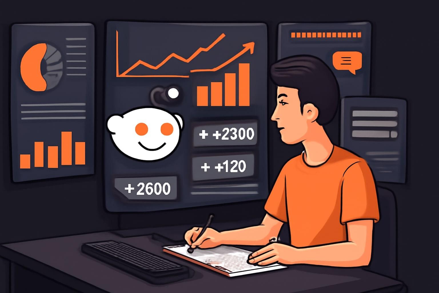 A digital illustration of a Reddit marketer using analytics dashboards and comment planning tools